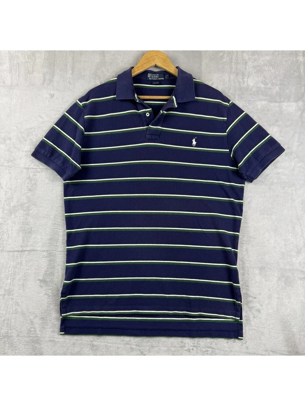 Polo Ralph Lauren Men’s L Navy Green Stripe Polo Shirt Cotton Pony Casual Preppy